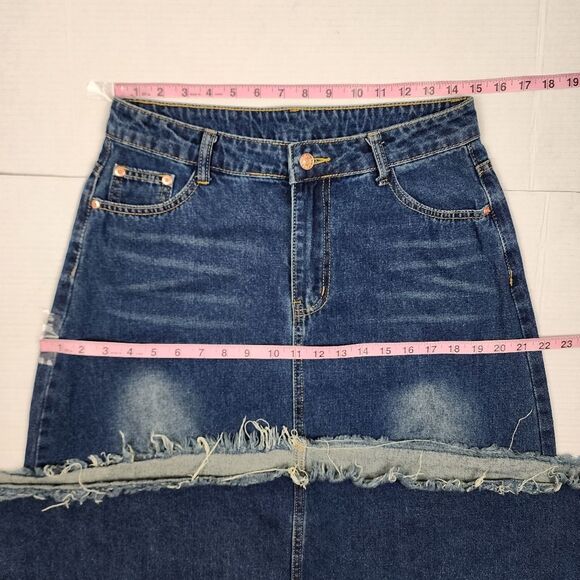 Denim Skirt Maxi Skirt Frayed Hem Jean Skirt Long To The Floor A-line M - Picture 8 of 11